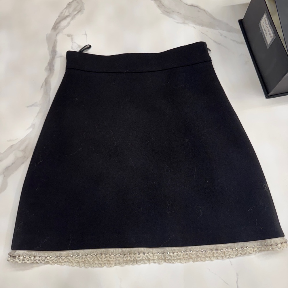 Miu Miu Wool Mini Skirt with Lace and Rhinestone Hem